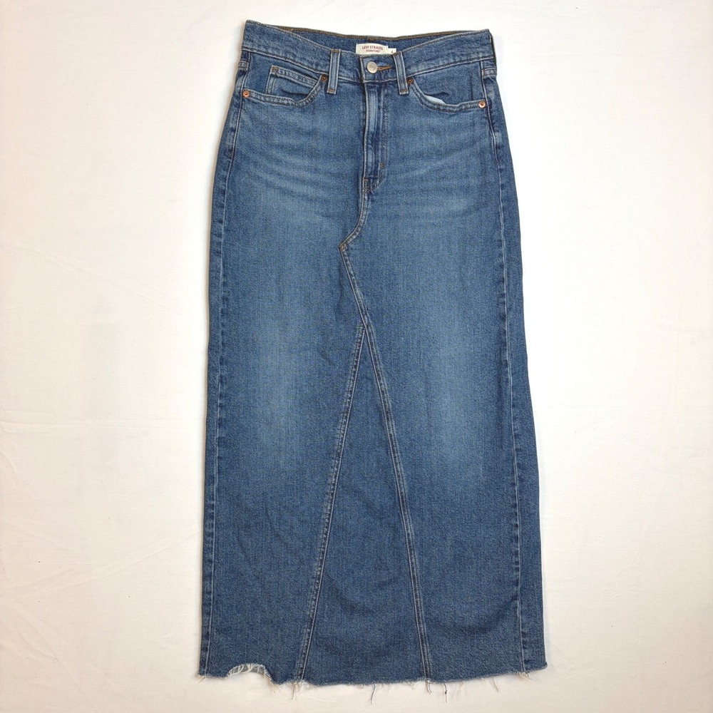 Levis Denim Maxi Skirt Panel Blue Raw Hem Back Slit Sz 4 Y2K Modest